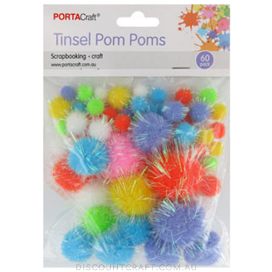 Tinsel Pom Poms 60pc - Assorted Bright Colours