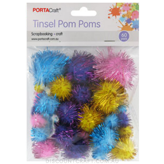Tinsel Pom Poms 60pc - Assorted Dark Colours