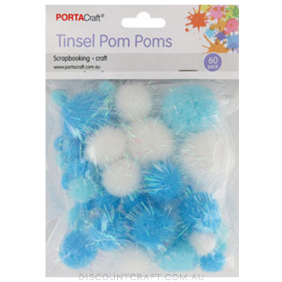 Tinsel Pom Poms 60pc - Assorted Blue & White Mix
