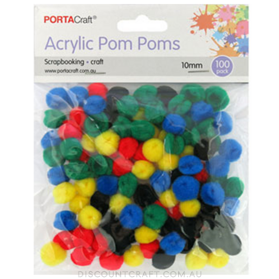 Acrylic Pom Poms 10mm 100pk - Primary Colours