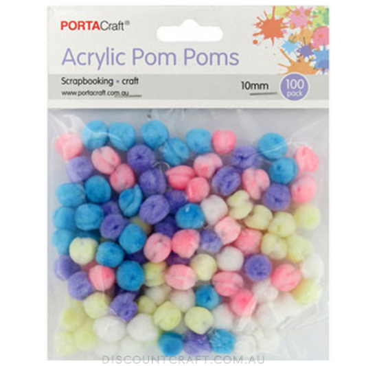 Acrylic Pom Poms 10mm 100pk - Pastels