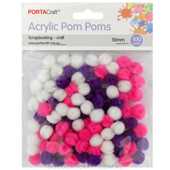 Acrylic Pom Poms 10mm 100pk - Pink, Purple & White