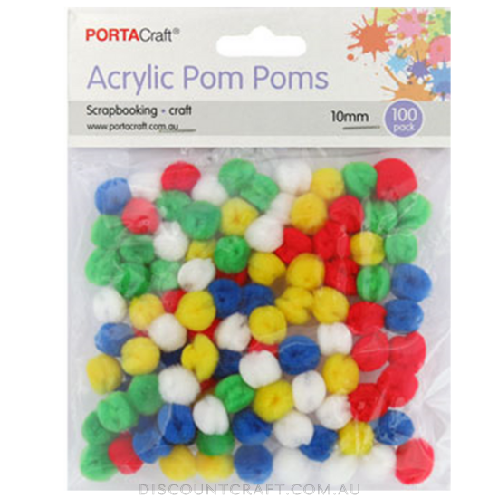 Acrylic Pom Poms 10mm 100pk - Bright Colours