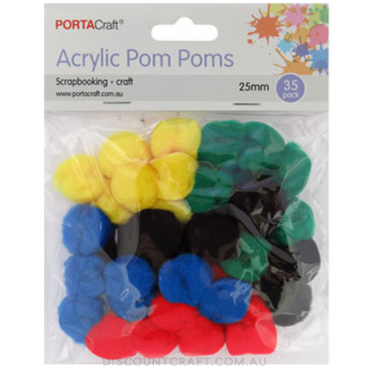 Acrylic Pom Poms 25mm 35pk - Primary Colours