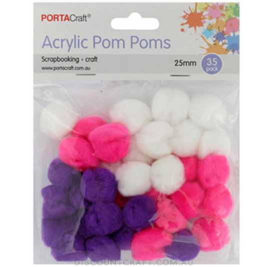 Acrylic Pom Poms 25mm 35pk - Pink, Purple & White