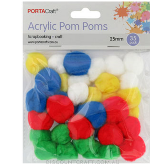 Acrylic Pom Poms 25mm 35pk - Bright Colours