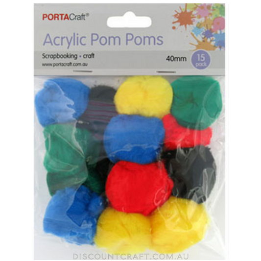 Acrylic Pom Poms 40mm 15pk - Primary Colours