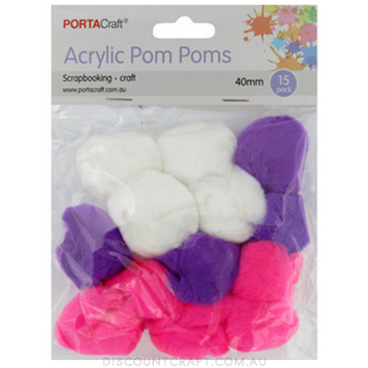 Acrylic Pom Poms 40mm 15pk - Pink, Purple & White