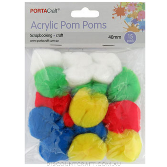 Acrylic Pom Poms 40mm 15pk - Bright Colours