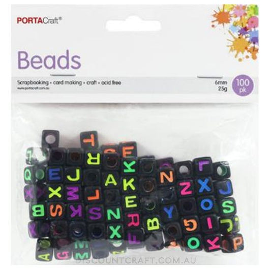 Alphabet Cube Beads 6mm 100pk Black with Fluro Multi Colours
