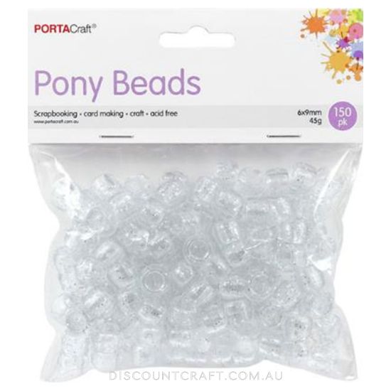 Glitter Clear Pony Beads 6x9mm 150pk