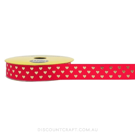 Grosgrain Ribbon 15mm 3m - Red with Gold Hearts