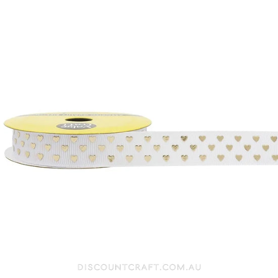 Grosgrain Ribbon 15mm 3m - White with Gold Hearts
