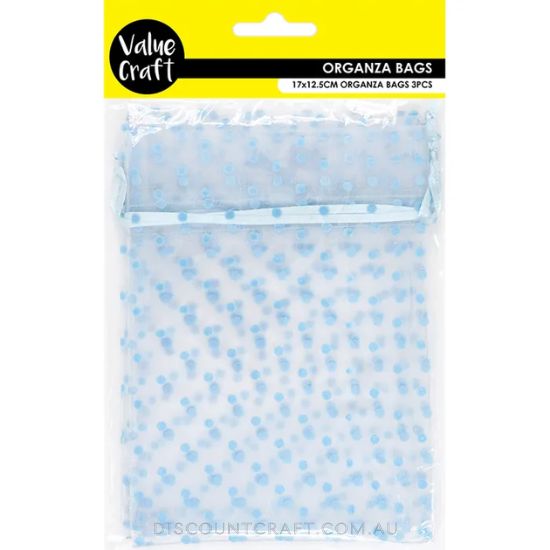 Small Organza Bags 3pk - 17cm x 12.5cm - Blue Spots