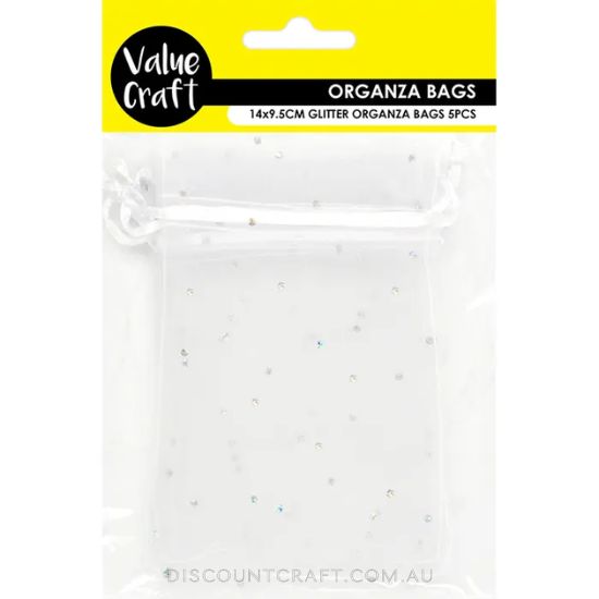 Small Organza Bags 5pk - 14cm x 9.5cm - White with Silver Glitter