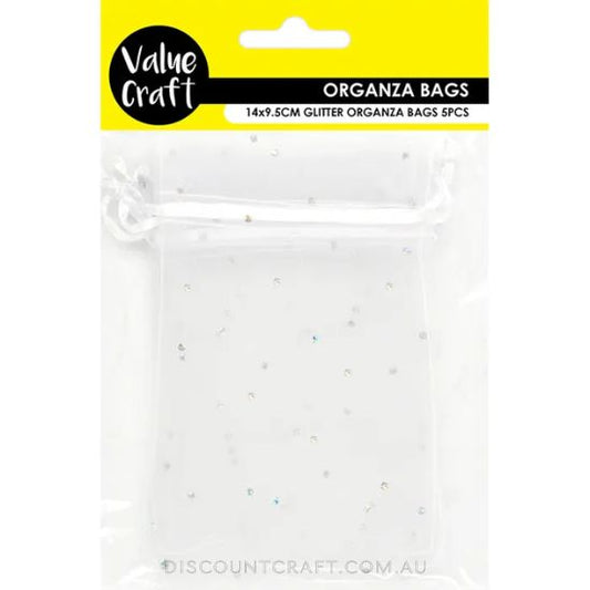 Small Organza Bags 5pk - 14cm x 9.5cm - White with Silver Glitter