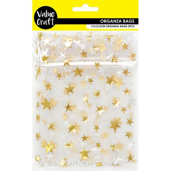 Small Organza Bags 3pk - 17cm x 12.5cm - Gold Stars