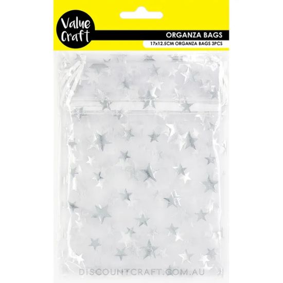 Small Organza Bags 3pk - 17cm x 12.5cm - Silver Stars