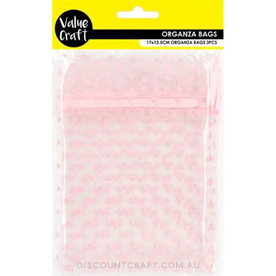 Small Organza Bags 3pk - 17cm x 12.5cm - Pink Spots
