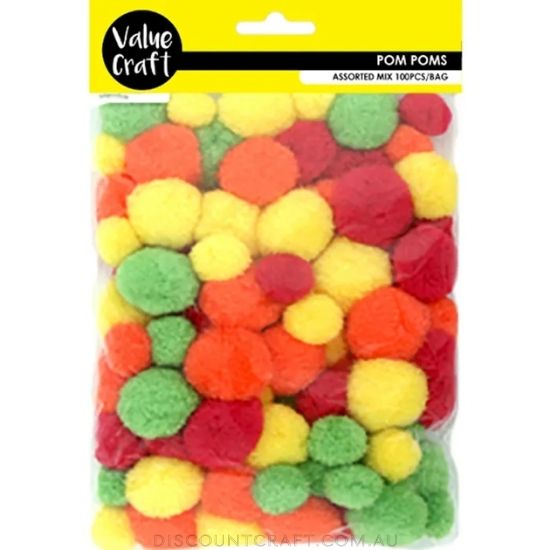 Acrylic Pom Poms Assorted Fluoro Colours 100pk