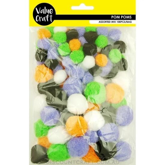 Acrylic Pom Poms Assorted Colours 100pk