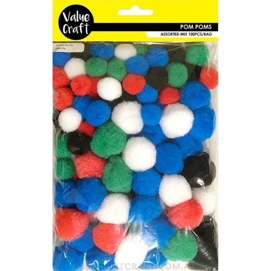 Acrylic Pom Poms Assorted Colours 100pk