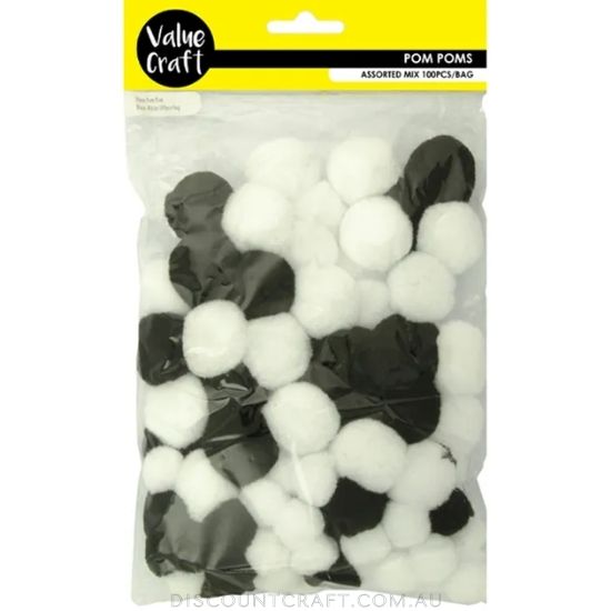 Acrylic Pom Poms 20-30mm 100pk - Black & White