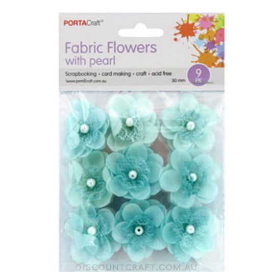 Fabric Flowers 30mm with Pearl Centre 9pk - Aqua