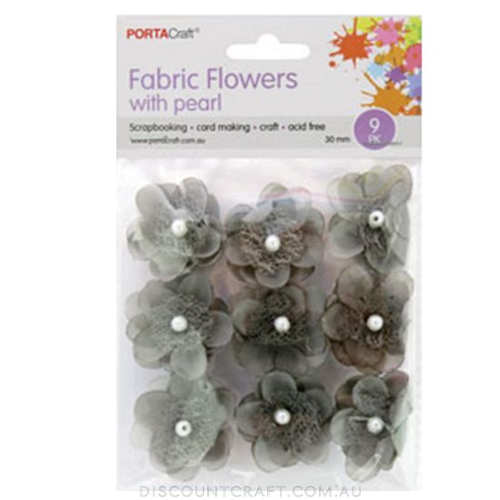 Fabric Flowers 30mm with Pearl Centre 9pk - Grey