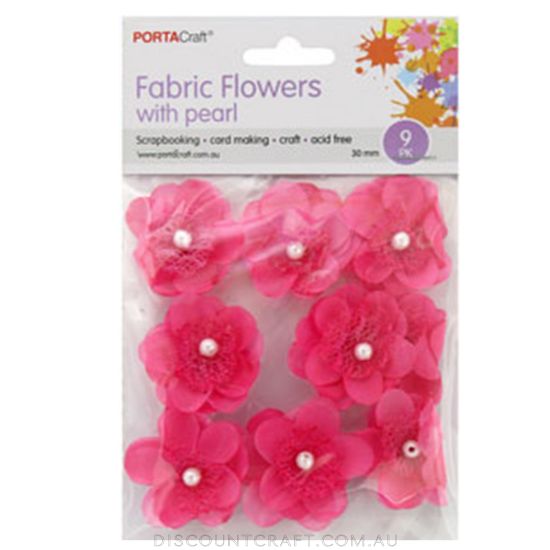 Fabric Flowers 30mm with Pearl Centre 9pk - Pink