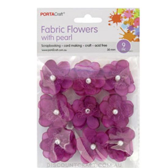 Fabric Flowers 30mm with Pearl Centre 9pk - Purple