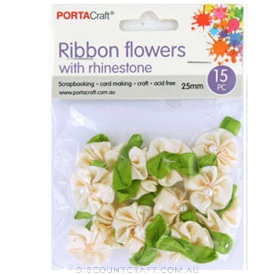 Ribbon Flowers with Pearls 25mm 15pk - Cream