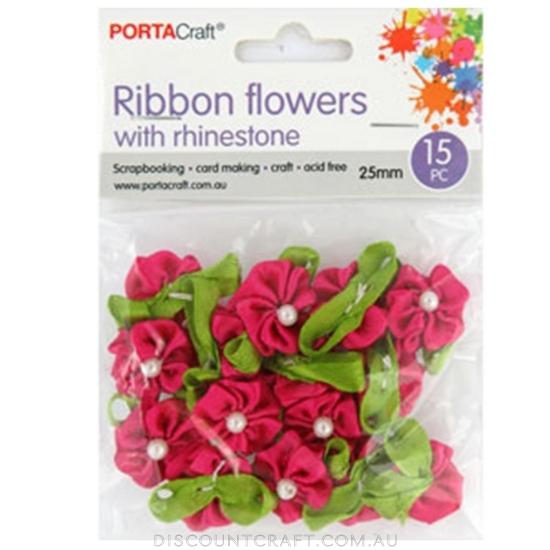 Ribbon Flowers with Pearls 25mm 15pk - Hot Pink