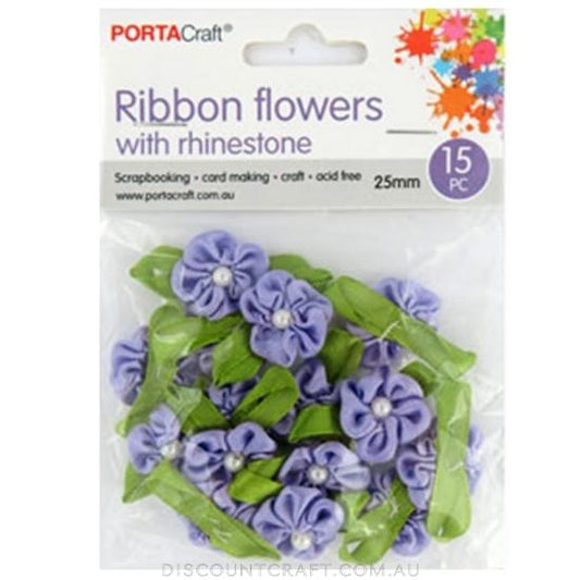 Ribbon Flowers with Pearls 25mm 15pk - Lavender