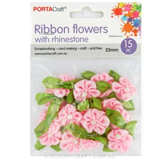 Ribbon Flowers with Pearls 25mm 15pk - Baby Pink