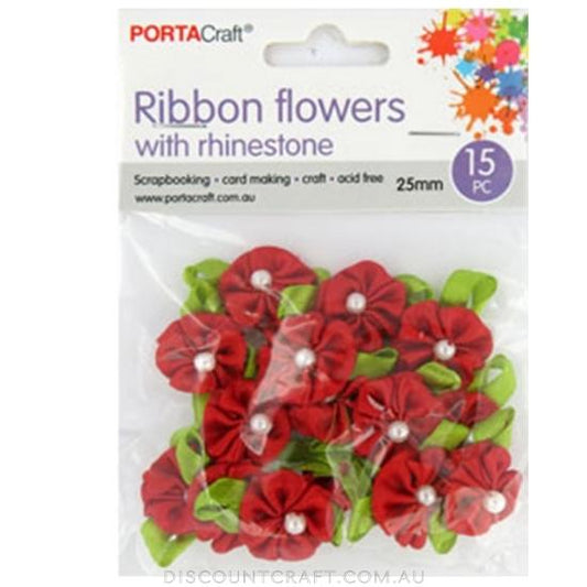 Ribbon Flowers with Pearls 25mm 15pk - Red