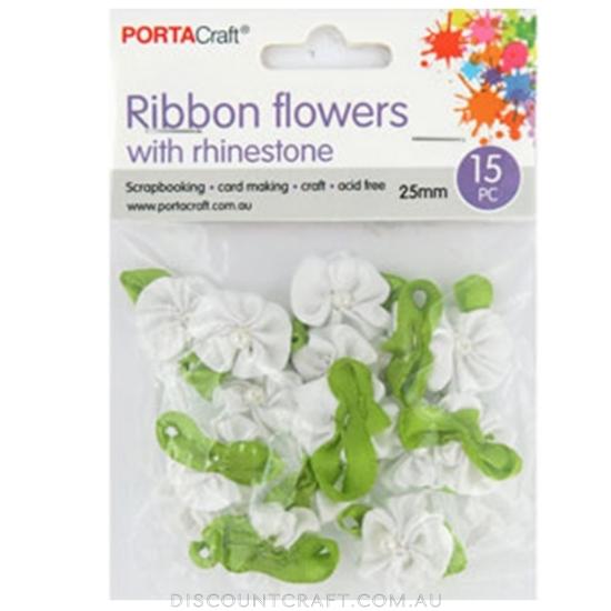 Ribbon Flowers with Pearls 25mm 15pk - White