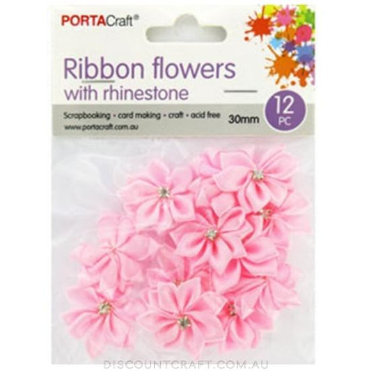 Ribbon Flowers with Rhinestones 30mm 12pk - Baby Pink