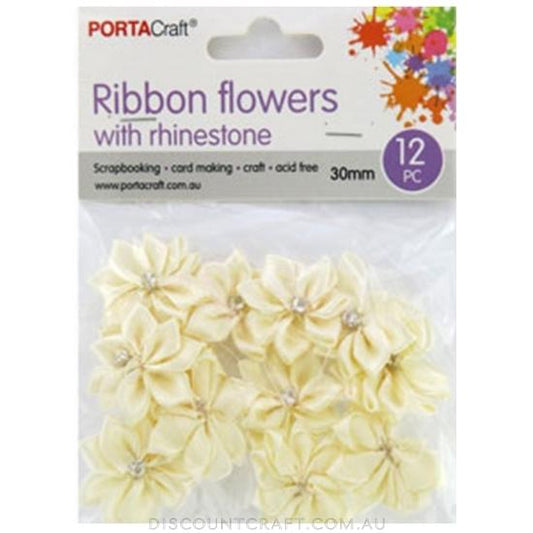 Ribbon Flowers with Rhinestones 30mm 12pk - Cream