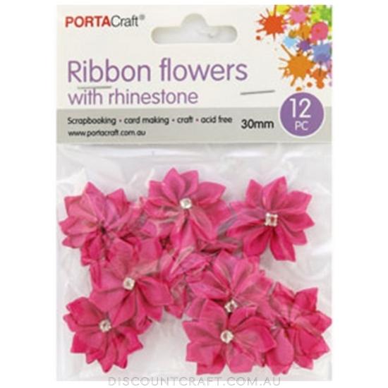 Ribbon Flowers with Rhinestones 30mm 12pk - Hot Pink - Discount Craft