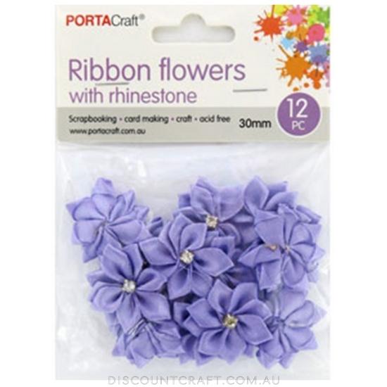 Ribbon Flowers with Rhinestones 30mm 12pk - Lavender