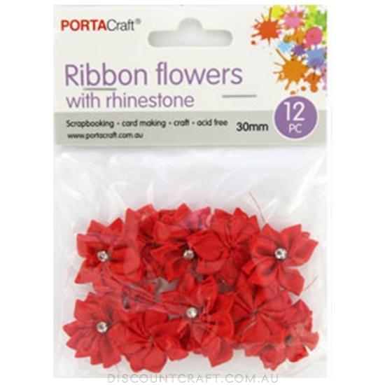 Ribbon Flowers with Rhinestones 30mm 12pk - Red - Discount Craft