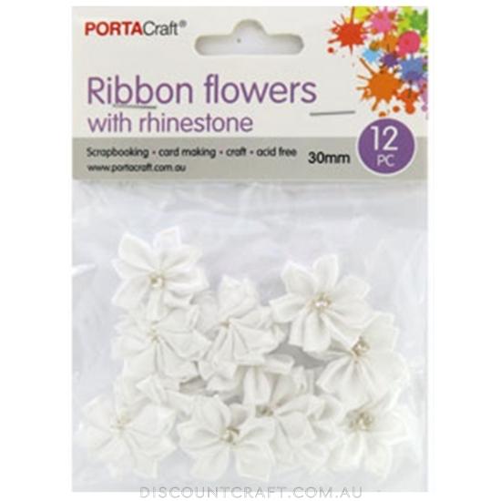 Ribbon Flowers with Rhinestones 30mm 12pk - White