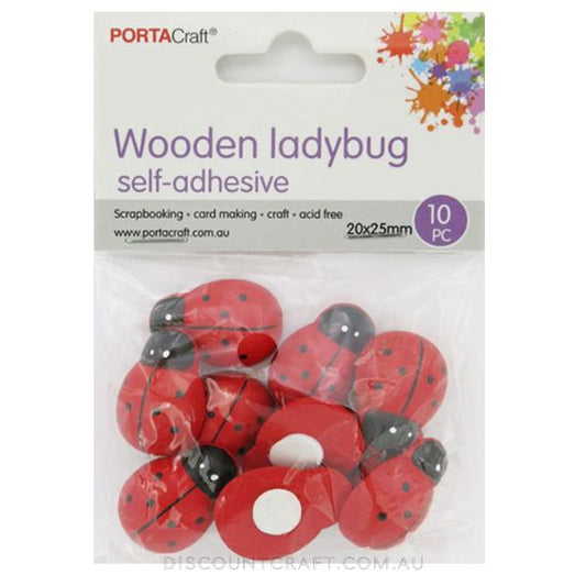 Wooden Ladybug Self-Adhesive 20x25mm 10pk