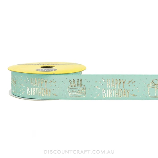 Satin Ribbon 22mm 3m - Gold Happy Birthday Aqua