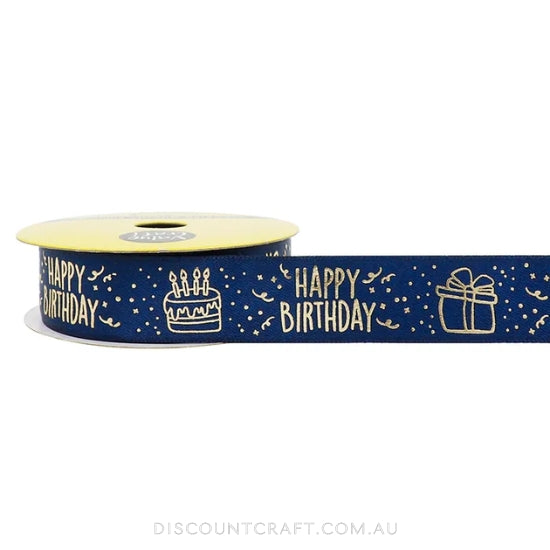 Satin Ribbon 22mm 3m - Gold Happy Birthday Navy