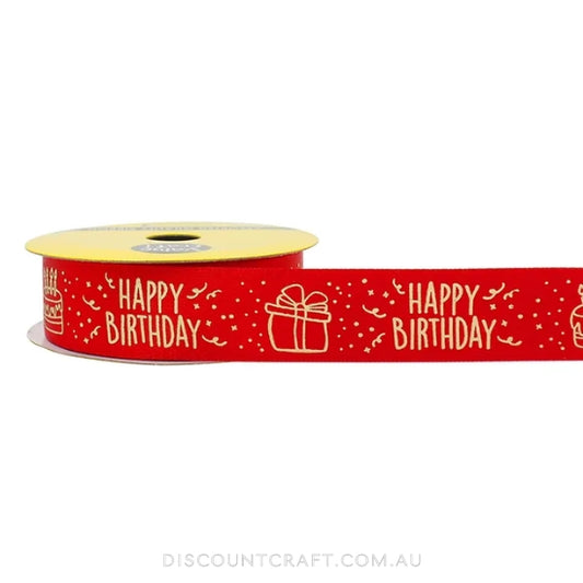 Satin Ribbon 22mm 3m - Gold Happy Birthday Red