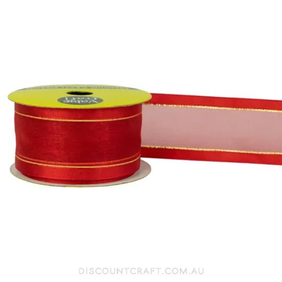 Sheer Ribbon with Satin Edge 38mm 3m - Red with Gold Glitter