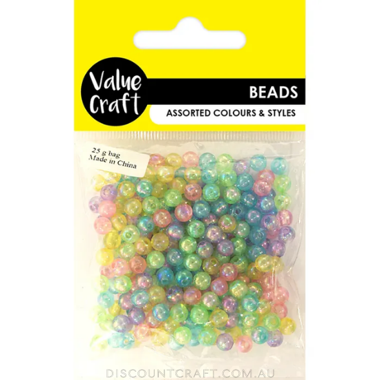 Plastic Beads Round 6mm Clear 25g - Assorted Colours