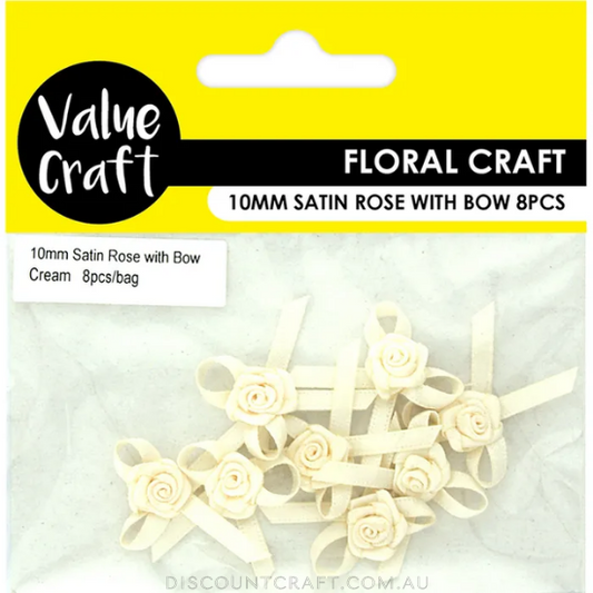 Satin Rose with Bow 10mm 8pk - Cream